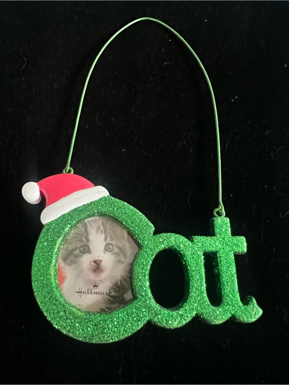 Hallmark Green Glitter 'Cat' Photo Ornament with Red Santa Hat